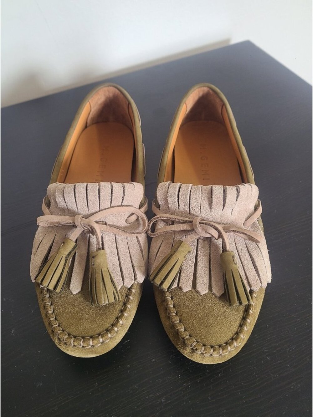 M Gemi Loafers Womens size 36 US 6 Green Suede Shoes Flats Italy Fringes